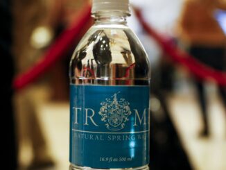 A Trump bottle of water in the lobby of the Trump Tower, while United States President-elect Donald Trump is holding meetings on top floors of the Trump Tower.