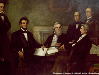 Francis Bicknell Carpenter (American painter, 1830-1900), First Reading of the Emancipation Proclamation by President Lincoln, 1864, oil on canvas, 108 inches (274.3 cm) x 180 inches (457.2 cm), located in the U.S. Capitol Building over the west staircase in the Senate wing. Carol Highsmith, photographer. Photographed: [between 1980 and 2006]. 1 color transparency; 4 x 5 in. or smaller.