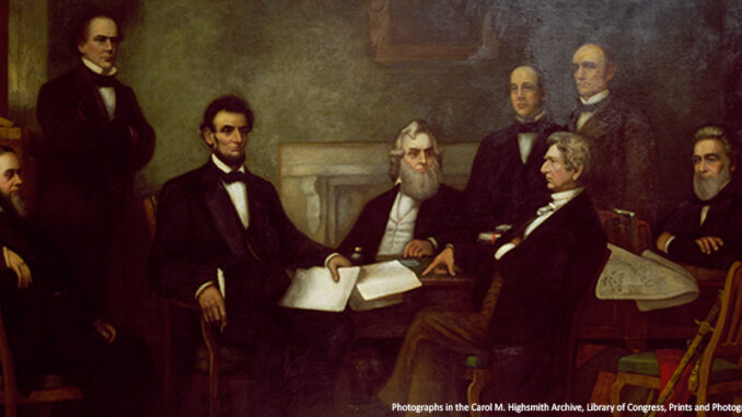 Francis Bicknell Carpenter (American painter, 1830-1900), First Reading of the Emancipation Proclamation by President Lincoln, 1864, oil on canvas, 108 inches (274.3 cm) x 180 inches (457.2 cm), located in the U.S. Capitol Building over the west staircase in the Senate wing. Carol Highsmith, photographer. Photographed: [between 1980 and 2006]. 1 color transparency; 4 x 5 in. or smaller.