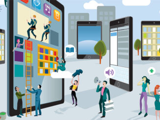 A team of people work creatively together building giant digital tablets, like skyscrapers, and creating the content. Other people download this content on their mobile devices. Horizontal composition.