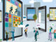 A team of people work creatively together building giant digital tablets, like skyscrapers, and creating the content. Other people download this content on their mobile devices. Horizontal composition.