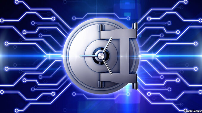 11117_02P_FS Digital illustration of a firewall concept, showing a bank safe door. Credit: Frank Peters/Getty Images