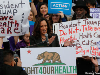 California Senator Kamala Harris cheers health care workers to save the Affordable Care Act across the country, The rally was one of many being staged across the country. Credit: Damian Dovarganes/AP