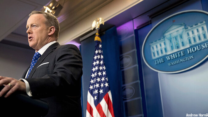 22817_01P_FS In this Feb. 21, 2017, file photo, White House press secretary Sean Spicer speaks during the daily press briefing at the White House in Washington. The Trump administration could revise or withdraw an Obama-era directive requiring public schools to let transgender students use bathrooms and locker rooms that match their chosen gender identity. Credit: Andrew Harnik/AP Images