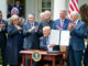 United States President Donald J. Trump signs an Executive Order "Promoting Free Speech and Religious Liberty" in the Rose Garden of the White House in Washington, DC on Thursday, May 4, 2017.