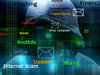 Conceptual illustration showing a shadowing figure in a hoodie with binary numbers and various terms associated with computer hacking or cyber attacks