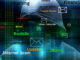 Conceptual illustration showing a shadowing figure in a hoodie with binary numbers and various terms associated with computer hacking or cyber attacks