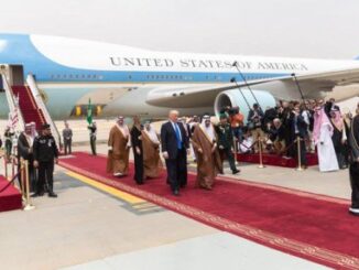 President Donald Trump and First Lady Melania Trump receive a red carpet welcome by King Salman bin Abdulaziz Al Saud of Saudi Arabia and his official delegation, Saturday, May 20, 2017, on their arrival to King Khalid International Airport in Riyadh, Saudi Arabia.