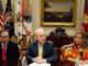 Dr. Douglas Lake, from Iowa, left, listens as Health and Human Services Secretary Tom Price, speaks, with Candace Fowler, from Missouri, at right, during a listening session in the Roosevelt Room of the White House,