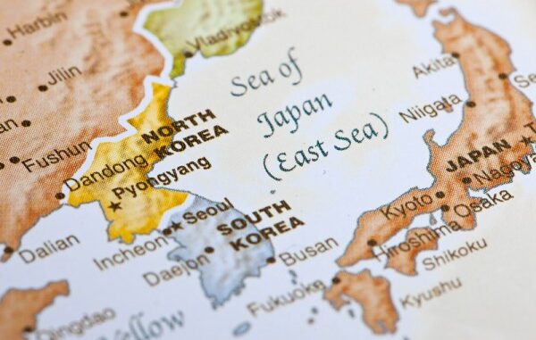 081717_02P_IS Detailed close-up view of a world map showing North Korea, South Korea, and Japan.