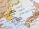 Detailed close-up view of a world map showing North Korea, South Korea, and Japan.