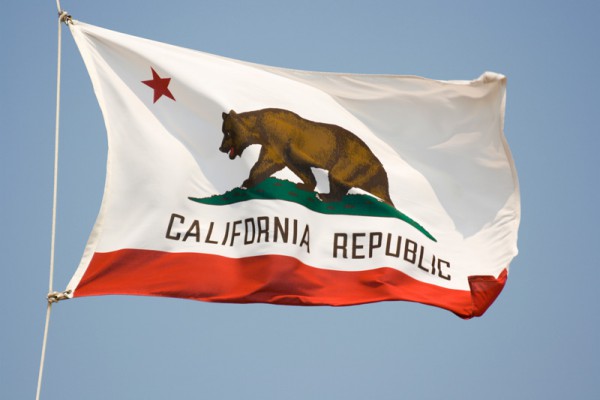 View of the California state flag flying in the breeze under a blue sky.