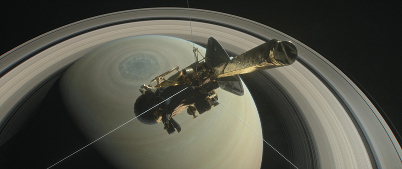 Cassini illustration orbiting Saturn.