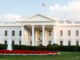 The White House n Washington, D.C. lit by the setting sun in the evening.