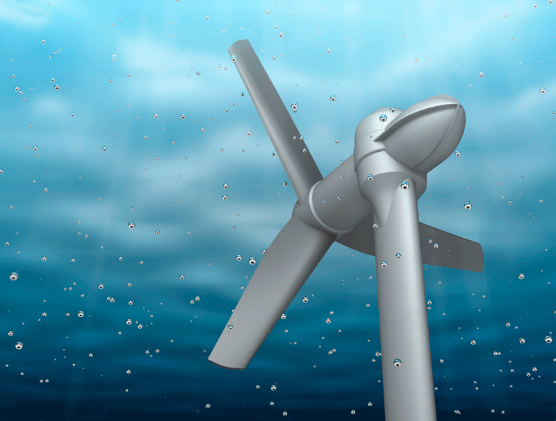 Digital illustration of an underwater turbine tapping the energy of tidal power in ocean waters.