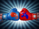 Republican versus Democrat. Close-up view of two boxing gloves, one with the Republican elephant symbol versus the Democrat donkey symbol, against a starburst background, fighting for the vote of an American election