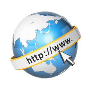 View of a computer cursor pointing to a globe surrounded by the banner