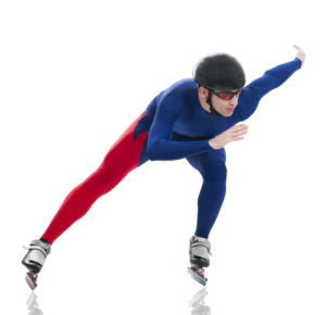 Front view of ice speed skater in turn against a white background