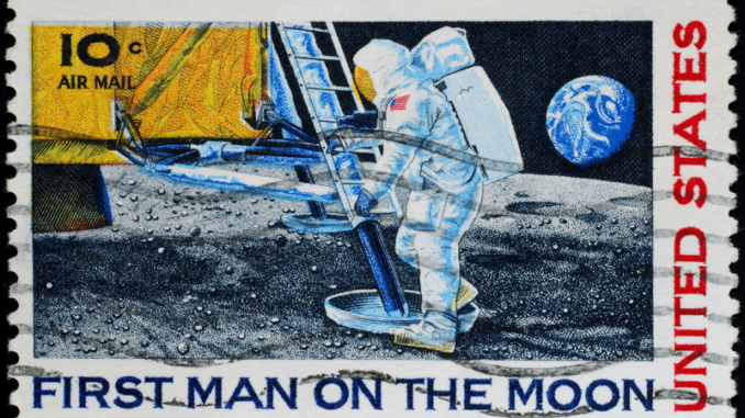 010818_02_IS Close-up of a cancelled US postage stamp to honor Neil Armstrong being the first man on the moon.