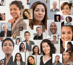 Full-frame collage of close-up portraits of multi-ethnic girls and women of varying ages