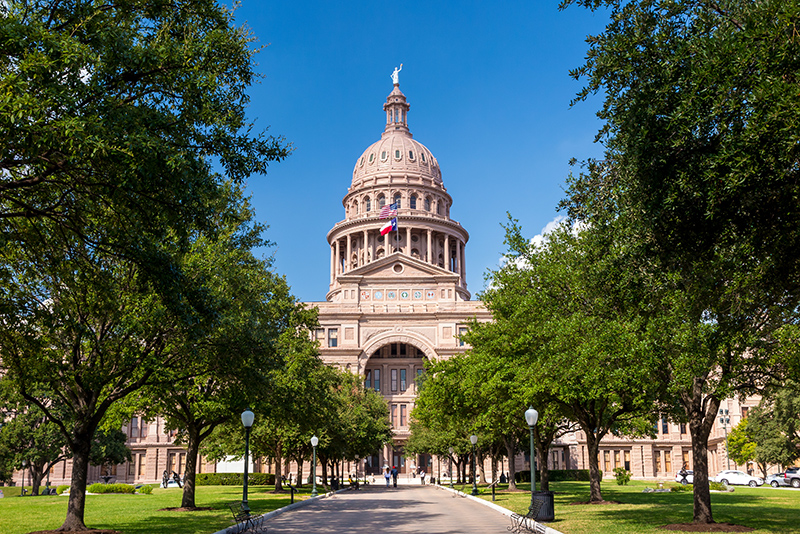 Low-angle view of the Texas State Capitol building in Austin, Texas, USA