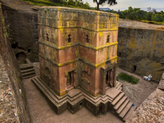 Ethiopia, Lalibela. Monolithic church of Saint George (Bet Giyorgis in Amharic) in the shape of a cross. The churches of Lalibela is on UNESCO World Heritage List