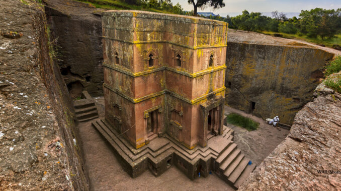 041618_02P_FS Ethiopia, Lalibela. Monolithic church of Saint George (Bet Giyorgis in Amharic) in the shape of a cross. The churches of Lalibela is on UNESCO World Heritage List