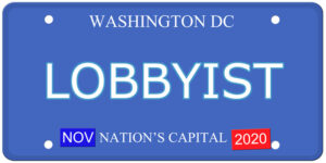 An imitation Washington DC License Plate with the word LOBBYIST