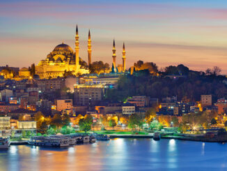 View of Istanbul with Suleymaniye Mosque on the hill during sunset, Turkey.