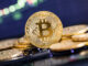 Bitcoin gold coin and defocused chart background. Virtual cryptocurrency concept