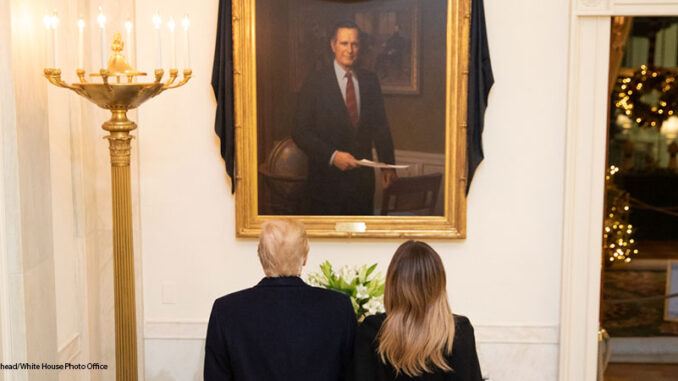 121018_01P_FS President and Malania Trump viewing portrait of the late President Bush displayed in The White House