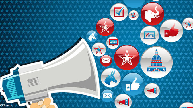 US elections: politics message promotion Illustration of a megaphone broadcasting political messages on a star-spangled blue background.