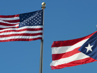 Puerto Rico, Old San Juan, flags of the USA and Puerto Rico