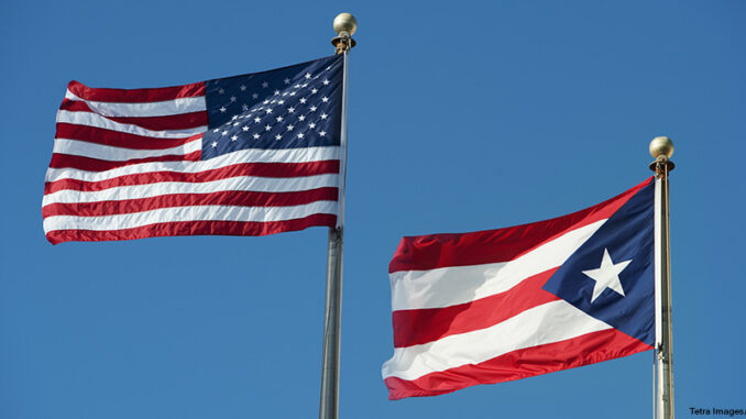 Puerto Rico, Old San Juan, flags of the USA and Puerto Rico Puerto Rico, Old San Juan, flags of the USA and Puerto Rico