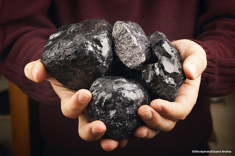 Hand holding different natural coal types: graphite, anthracite, bituminous coal, lignite,