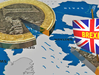 3d rendering of a Euro coin, with a slice moving out shaped like a ship with a British flag, representing the brexit referendum and withdrawal of Great Britain from the European Union