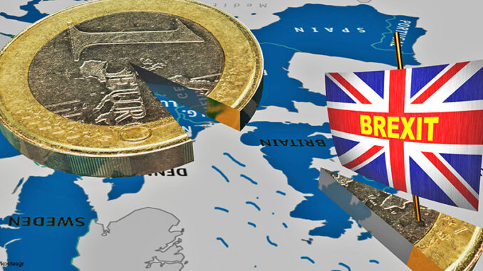 brexit, piece of euro coin like ship and flag of Great Britain, 3d rendering 3d rendering of a Euro coin, with a slice moving out shaped like a ship with a British flag, representing the brexit referendum and withdrawal of Great Britain from the European Union