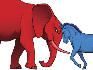The democrat and republican symbols of a donkey and elephant facing off