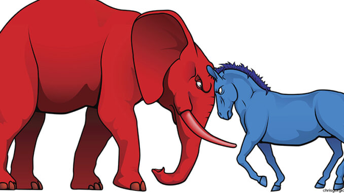 The democrat and republican symbols of a donkey and elephant facing off The democrat and republican symbols of a donkey and elephant facing off
