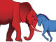 The democrat and republican symbols of a donkey and elephant facing off