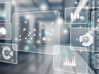 floating graphics representing data analytics over a greyed image of a computer server room