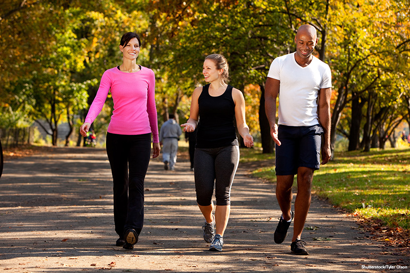 Three people walking in a park, getting some exercise;