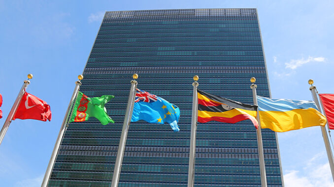 International Flags in the front of United Nations Headquarter in New York