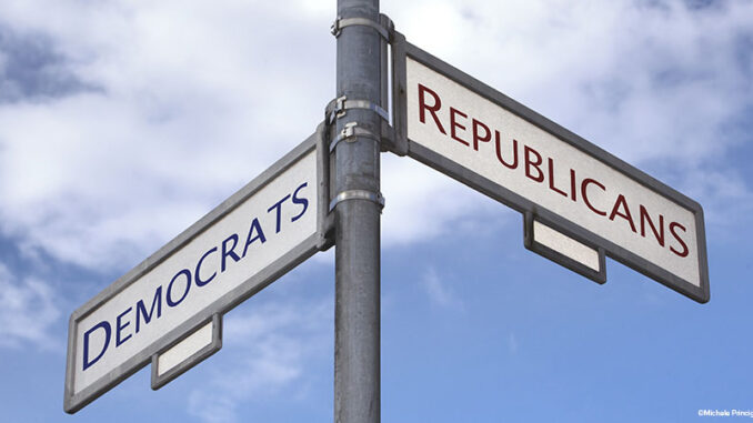 Democrats and Republicans choice Street sign in crossroad with illustration choice for Democrats and Republicans in US elections.