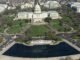 Aerial view of the National Mall, focusing on the United States Capitol Building and grounds with the Reflecting Pool in the forground, Washington D.C.,