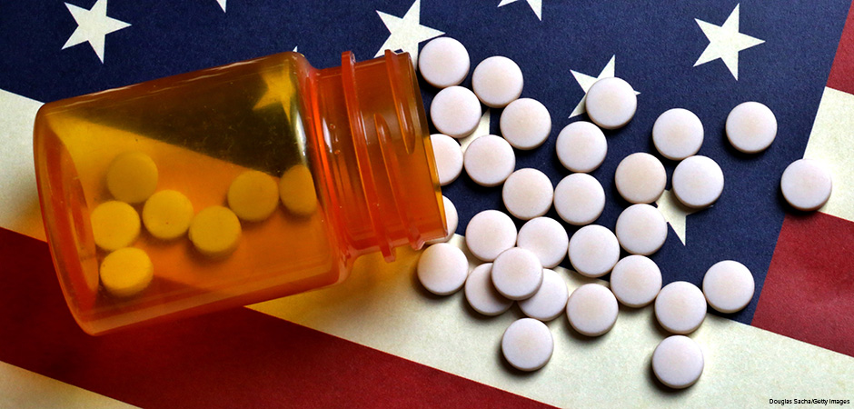 Prescription Pills spilled on USA flag