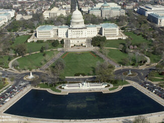 Aerial view with a focus on the U.S. Capitol, Washington, D.C.