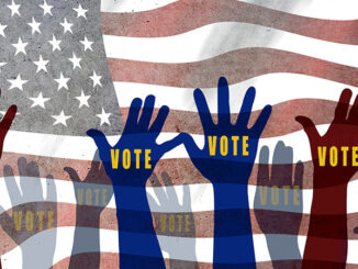 USA presidential election day voting concept with american flag on background.