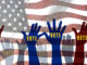 USA presidential election day voting concept with american flag on background.