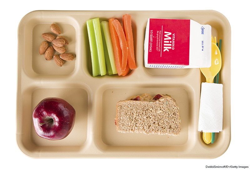 View of a healthy school lunch tray against a white background
